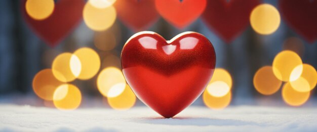 Gran corazón rojo brillante en nieve blanca con fondo de efecto bokeh Ilustración del día de San Valentín IA generativa