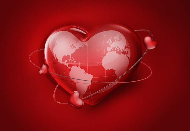 Gran corazón rojo con mapa del mundo una imagen conceptual de un día de San Valentín vacaciones