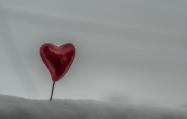Gran corazón rojo en la nieve sobre un fondo de hormigón concepto de amor caído