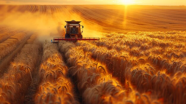 Una gran cosechadora está atravesando un campo de trigo dorado