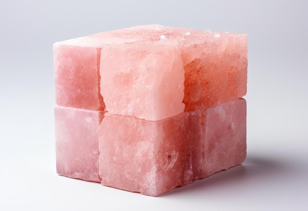 gran cubo de sal rosa aislado en blanco en el estilo de las formas inspiradas en la naturaleza orgánica