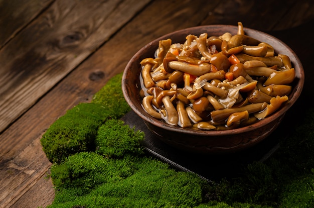 Un gran cuenco de arcilla con setas silvestres (setas de miel), se alza sobre una vieja mesa de madera con musgo verde. Productos ecológicos, recolección natural