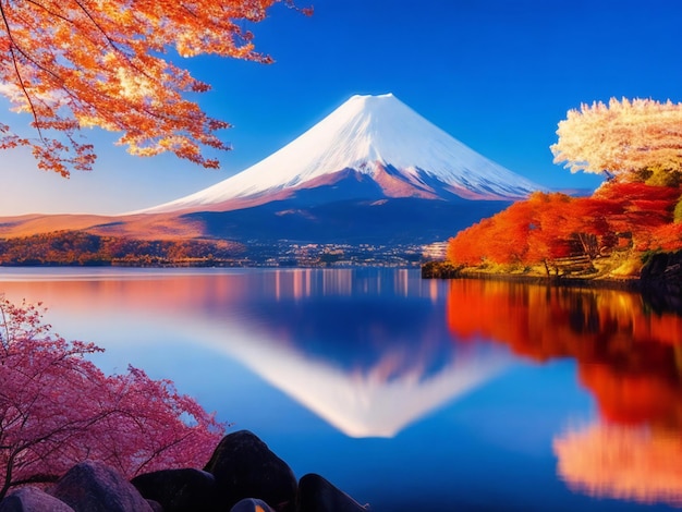 Foto un gran cuerpo de agua con una montaña en el fondo