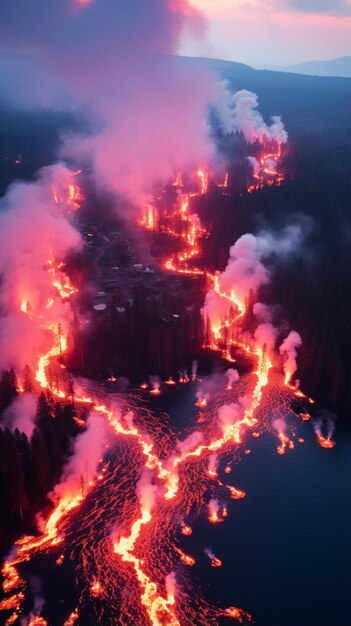 un gran cuerpo de agua con mucha lava en él