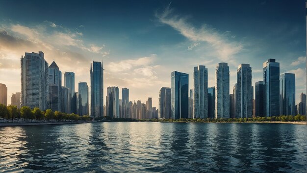 Foto un gran cuerpo de agua rodeado de edificios altos