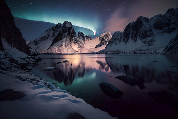 Gran cuerpo de agua rodeado de montañas cubiertas de nieve ai generativo