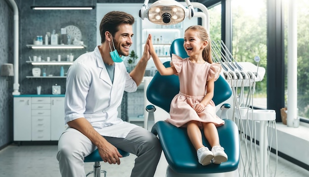 El gran dentista alegre le da un "high five" a su pequeño paciente.