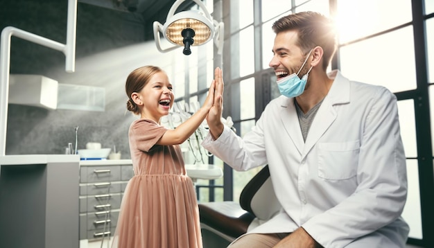 El gran dentista alegre le da un "high five" a su pequeño paciente.