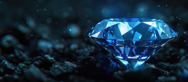 Gran diamante azul profundo brillante con muchas facetas iluminadas sobre un fondo oscuro que brilla y refleja la luz Concepto de lujo rareza riqueza y piedra preciosa