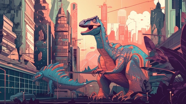 Un gran dinosaurio caminando por una calle de la ciudad imagen generativa de ai