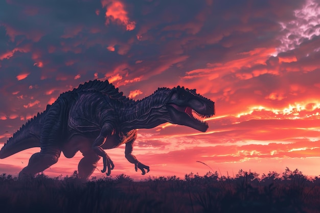 Un gran dinosaurio está caminando por un campo al atardecer