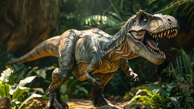 Un gran dinosaurio verde con dientes afilados y una larga cola se encuentra en un entorno exuberante de la selva