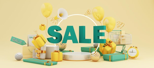 Gran diseño de banner de descuento con frase de texto VENTA sobre fondo verde y amarillo con caja de regalo bolsa de carrito de compras y elementos de despertador megáfono con soporte de producto representación 3d