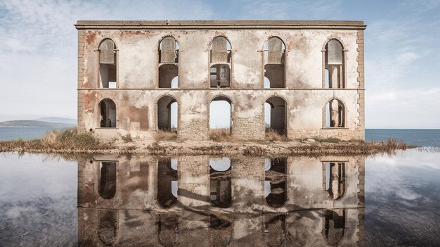 Un gran edificio abandonado con la palabra "la palabra" en la parte inferior.