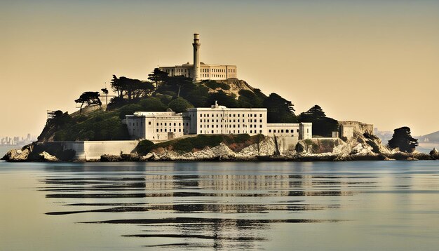 Foto un gran edificio está en el agua con un faro en la parte superior