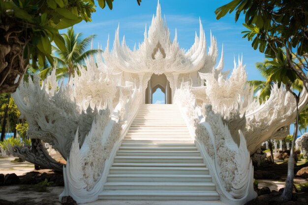 Un gran edificio blanco con una majestuosa escalera.