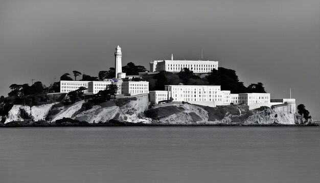 Foto un gran edificio está en la colina junto al océano