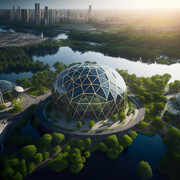 Foto un gran edificio con una cúpula y una ciudad al fondo.