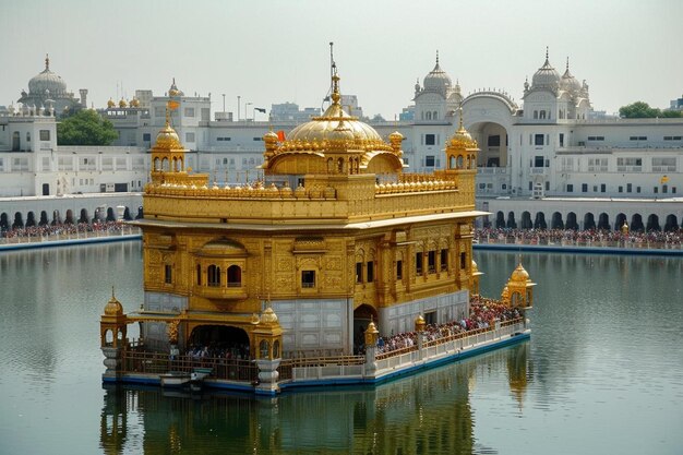 un gran edificio dorado sentado en el medio de un lago