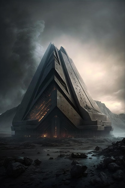 Un gran edificio con estructura de forma triangular y aire generativo de cielo oscuro