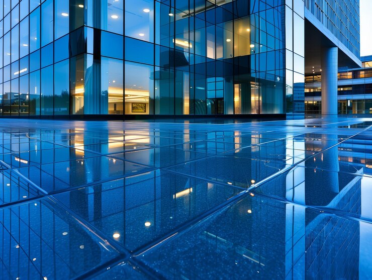 Un gran edificio con una fachada azul