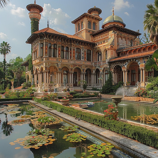 un gran edificio con una fuente delante de él