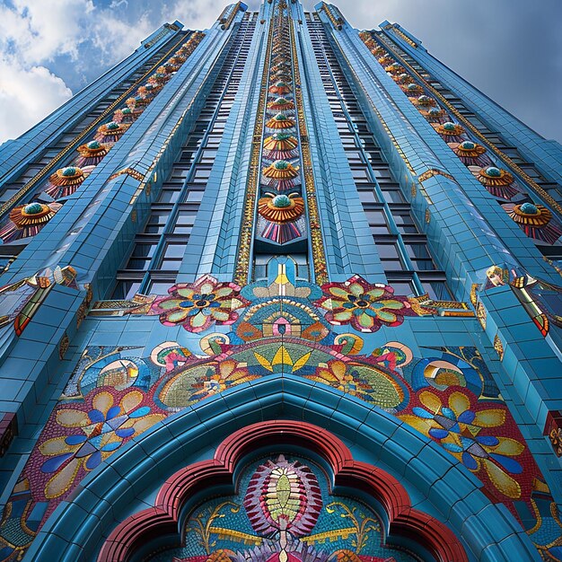 Foto un gran edificio con un gran diseño colorido en la parte delantera