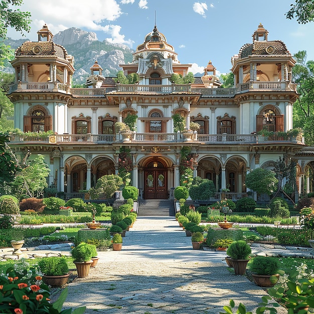 Foto un gran edificio con una gran puerta frontal y flores a la derecha