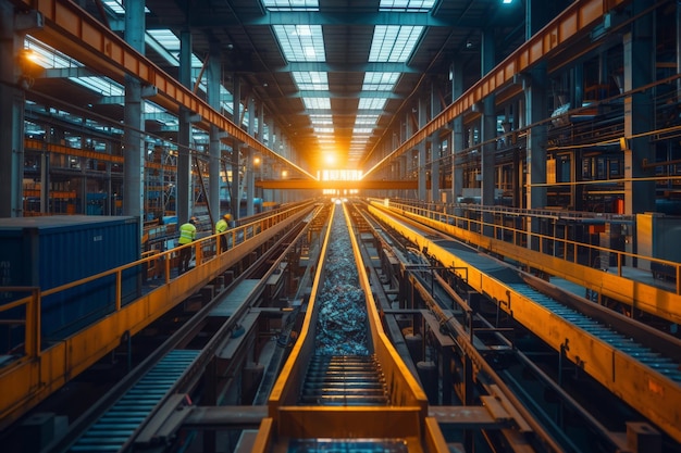 un gran edificio industrial con un cielo amarillo y azul detrás de él