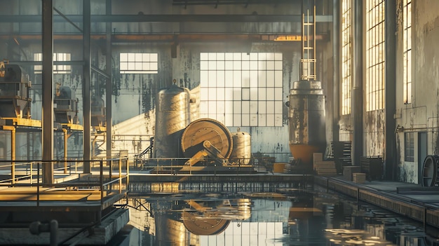 Gran edificio industrial con estructuras metálicas y grandes ventanas El piso está parcialmente inundado con agua que refleja el interior de la fábrica