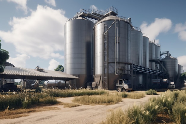 Un gran edificio industrial con un tanque grande y un camión grande en primer plano.