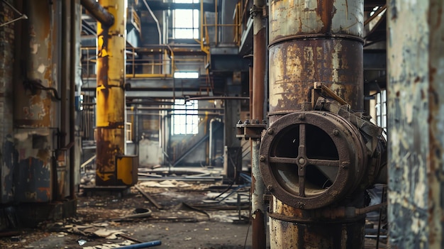Foto gran edificio industrial con tuberías y maquinaria el edificio está en mal estado y parece abandonado