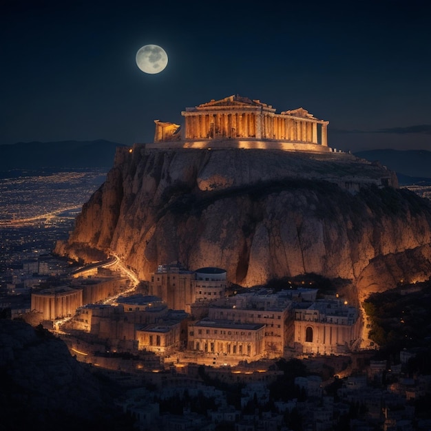 Un gran edificio con una luna llena en el fondo.