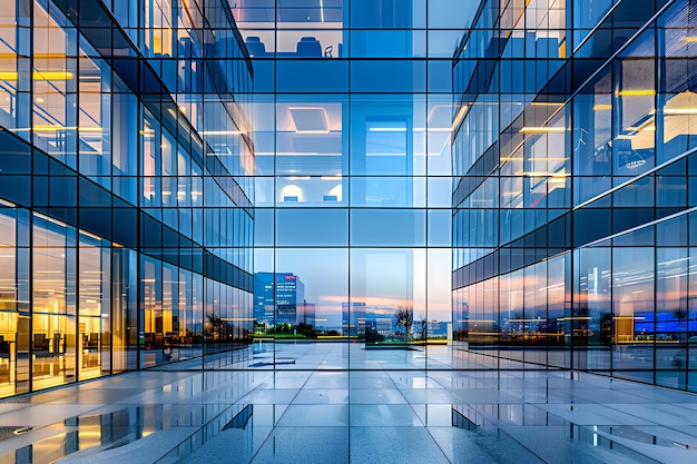 Un gran edificio con muchas ventanas que reflejan el horizonte de la ciudad al anochecer o al amanecer en el fondo