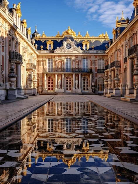 un gran edificio con una piscina de agua delante de él.