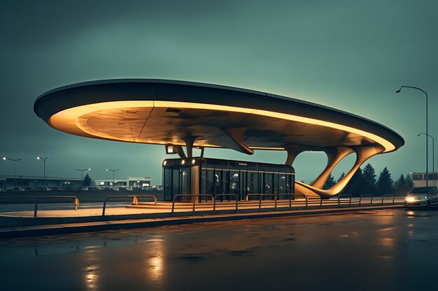 Un gran edificio con techo curvo y una luz amarilla en el techo.