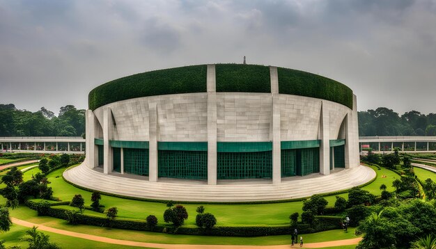 un gran edificio con un techo verde se muestra en el medio