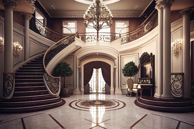 Una gran entrada con candelabros de escalera y pisos de mármol creados con ai generativo