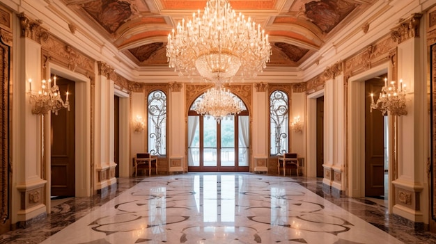 La gran entrada a un lujoso hotel con candelabros de cristal y suelos de mármol IA generativa