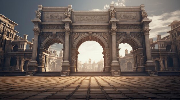 Foto la gran entrada del templo romano adornada con un arco triunfal que celebra la victoria