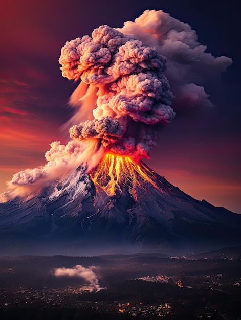 Foto gran erupción volcánica con una gran liberación de humo y ceniza al pie del volcán ciudad río desastre natural ia generativa