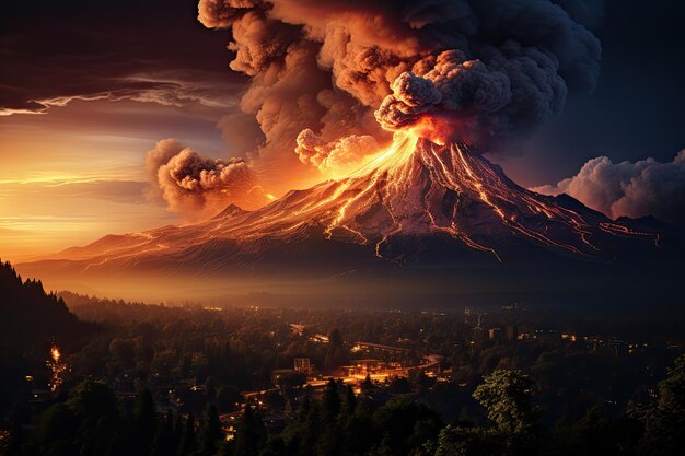 gran erupción volcánica con una gran liberación de humo y ceniza al pie del volcán ciudad río desastre natural IA generativa