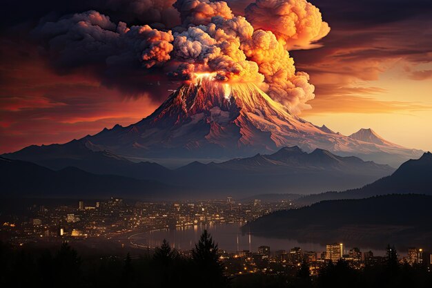 gran erupción volcánica con una gran liberación de humo y ceniza al pie del volcán ciudad río desastre natural IA generativa