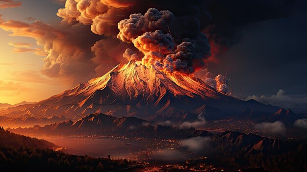 Foto gran erupción volcánica con una gran liberación de humo y ceniza al pie del volcán ciudad río desastre natural ia generativa