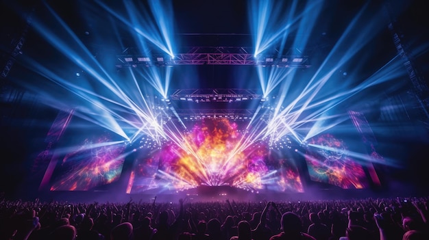 Gran escenario de conciertos en un festival de música por la noche con multitud de personas animando el concierto