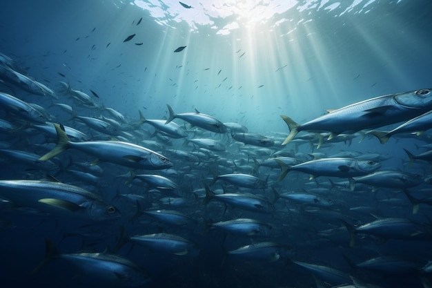 Una gran escuela de peces está en el agua.