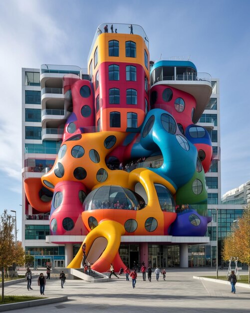 Foto una gran escultura colorida de un edificio con uno azul que dice 