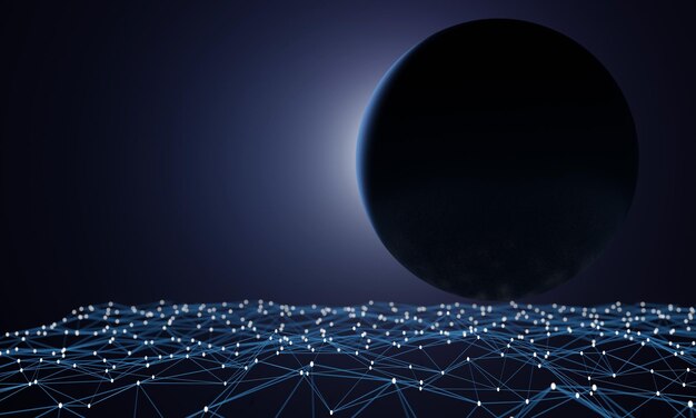 Foto gran esfera en conexión de red puntos y líneas fondo de gradación azul oscuro fondo tecnológico plexus fondo de grandes datos renderización 3d