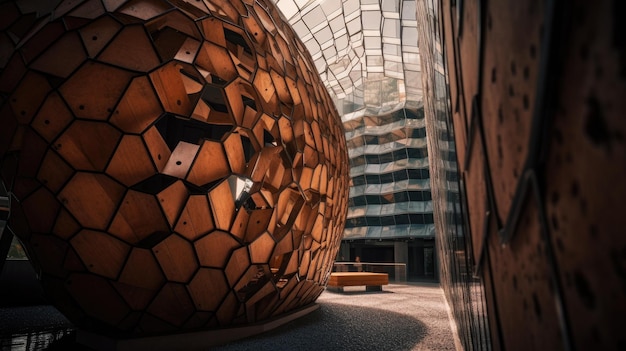 Una gran esfera de madera con un patrón geométrico grande está rodeada por un edificio.