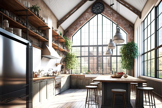 Gran espacio de cocina con cocina tipo loft vacía y grandes ventanales.